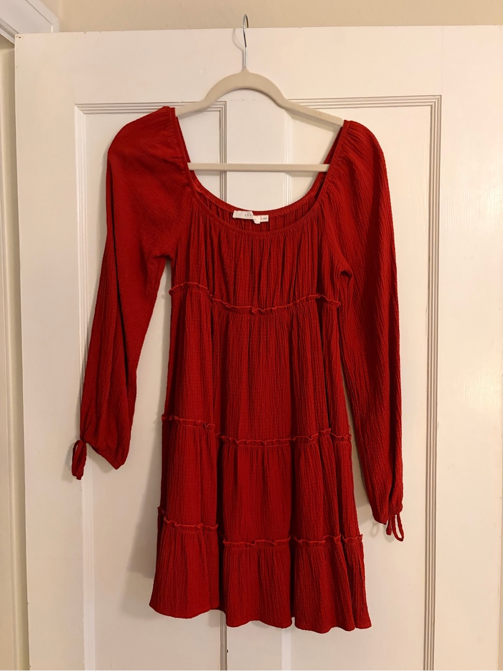 Lush Red Textured Tiered Mini Dress with Sleeves